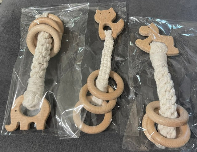 Baby Teether Rattle – Wooden Animal Toy with Soft Cotton Rope
