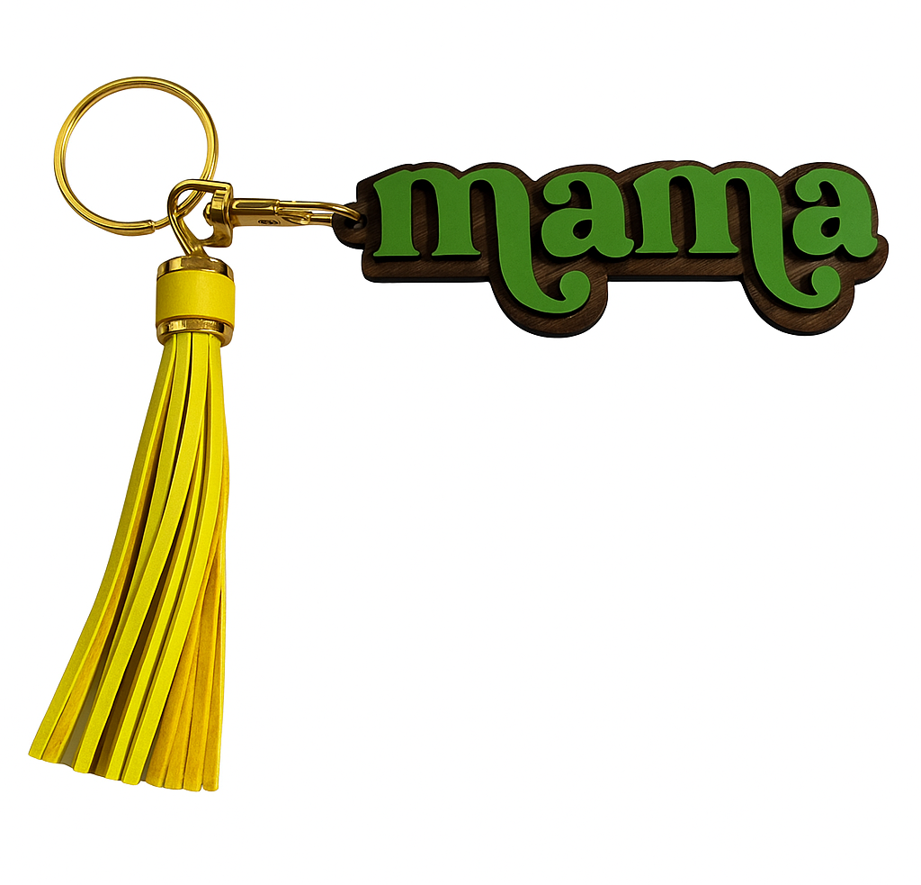 Mama Wooden Keychain – Green w/Yellow Tassel
